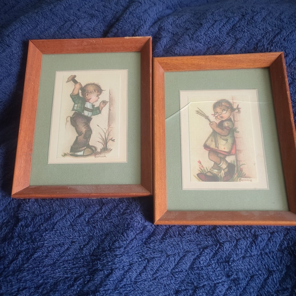 Lot Of Two Bonnie Hummel Art Prints FramedSigned Vintage Sweet Boy & Girl 9x6